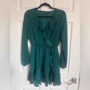 Express Green Long Sleeve Faux Wrap Ruffle Dress